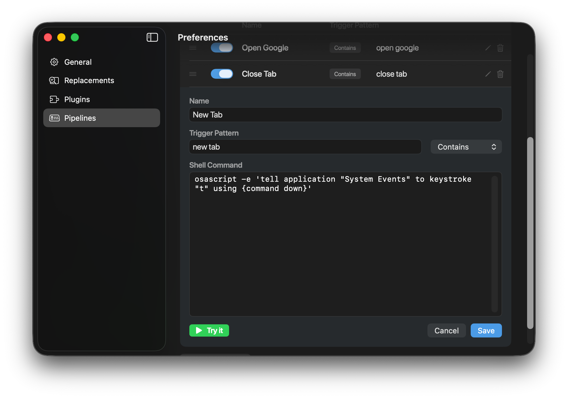 Pipeline example - Command+T to open new tab
