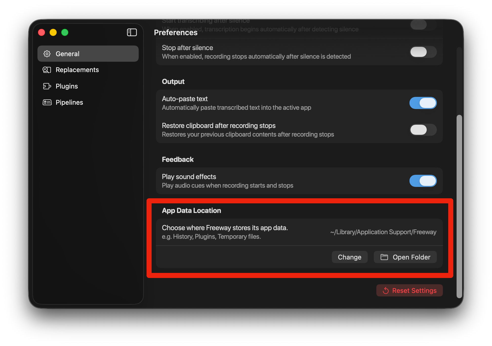 Freeway Settings - App Data Location