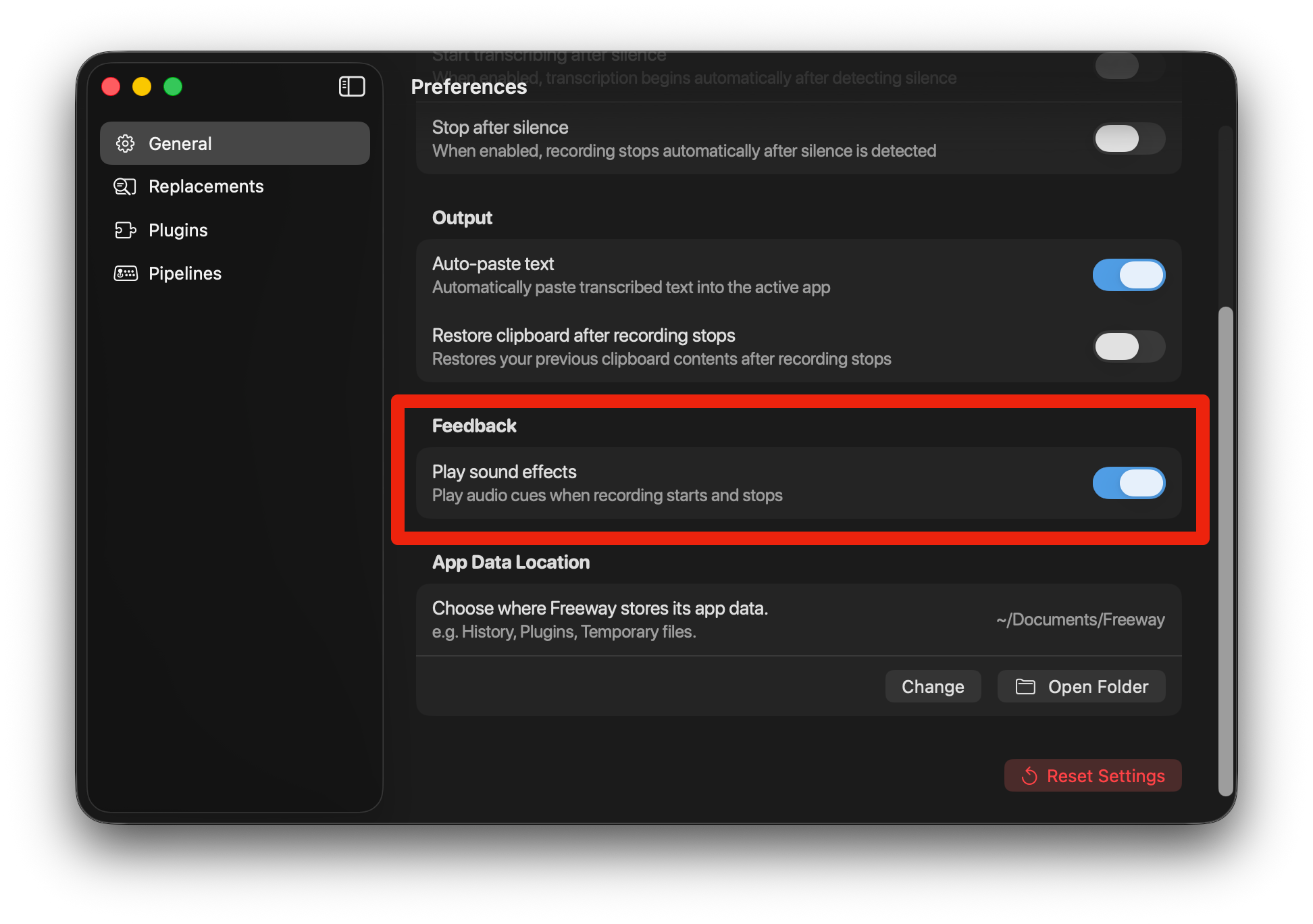 Freeway Settings - Customize the audio feedback during recording
