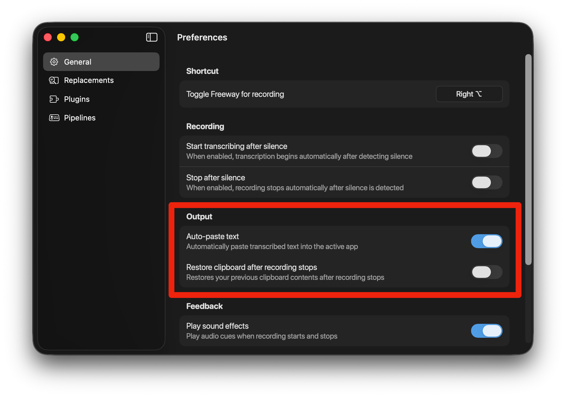 Freeway Settings - Output control