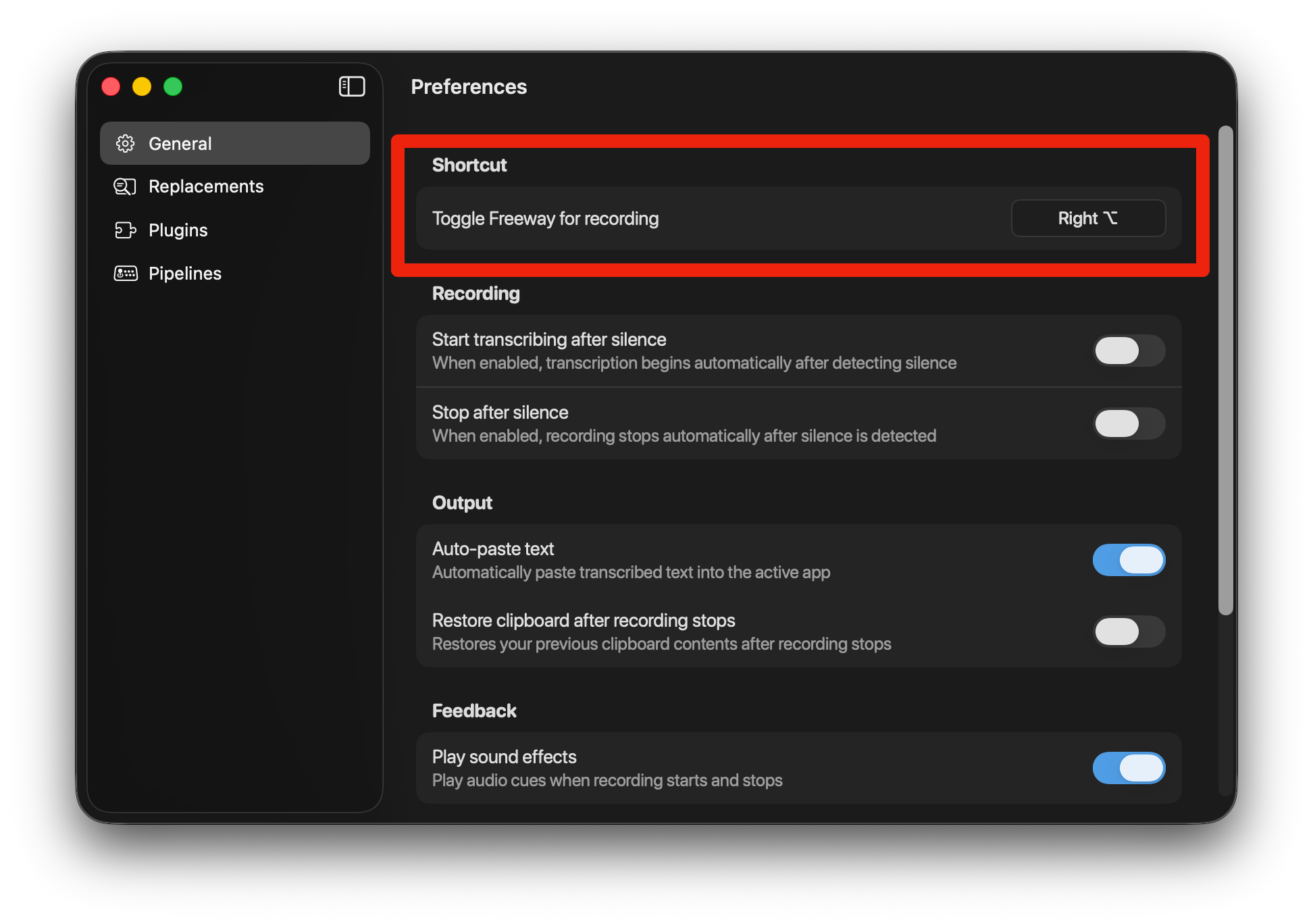 Freeway Settings - Shortcut