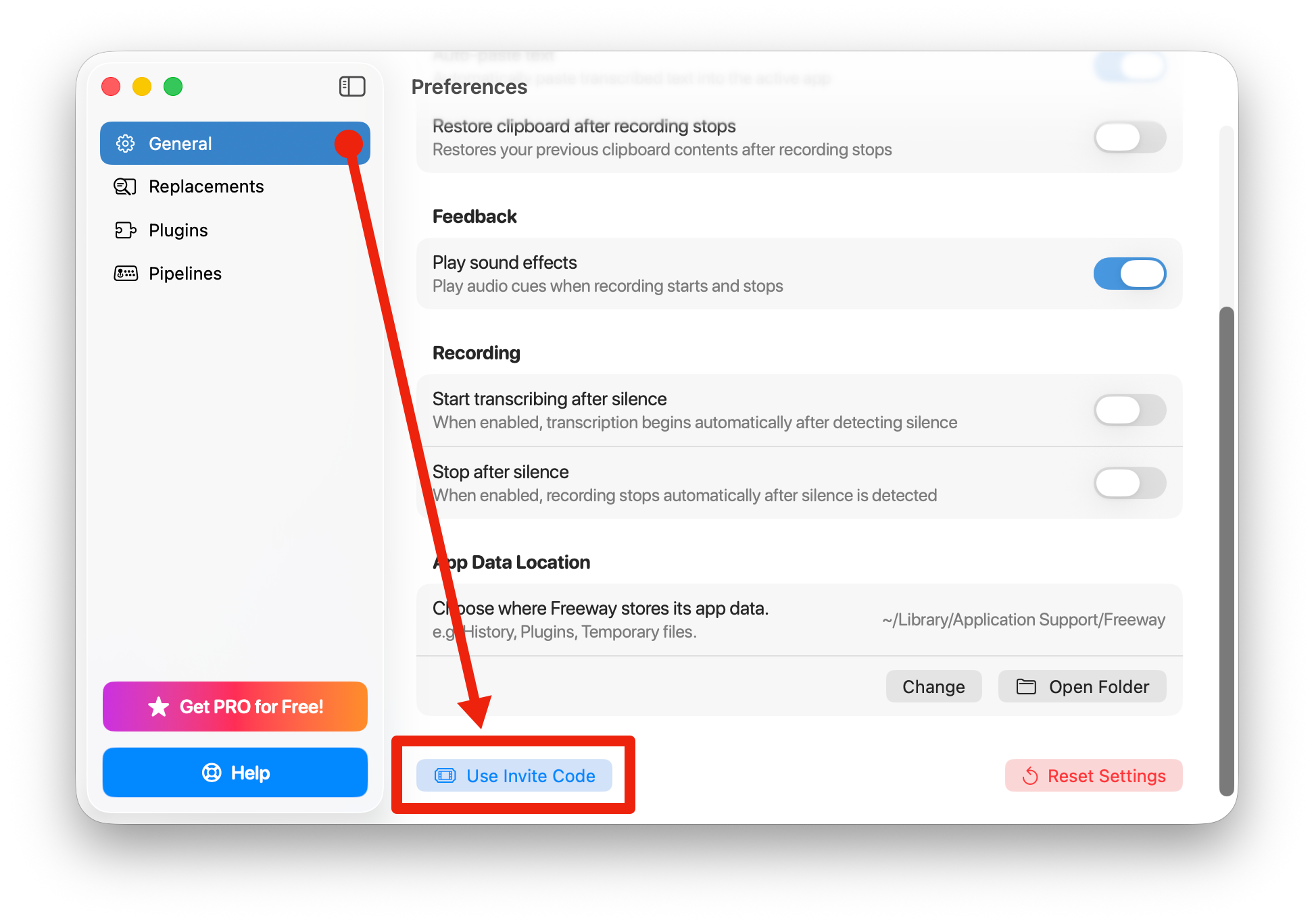 Freeway Settings - Use Invite Code