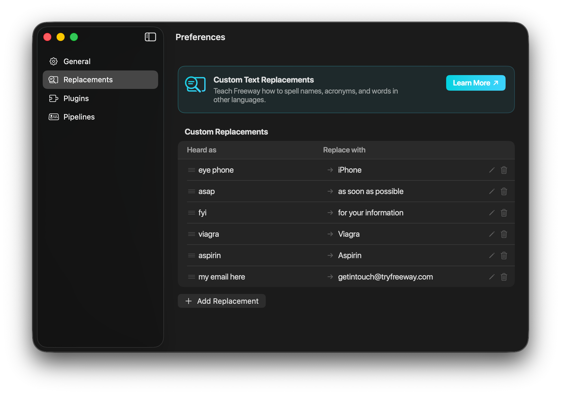 Freeway Settings - Replacements